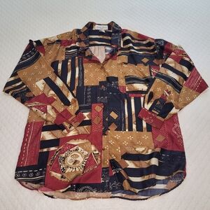 Vintage Susan Marsh Women M Long Sleeve Button Up Shirt Silk Patchwork Patterned